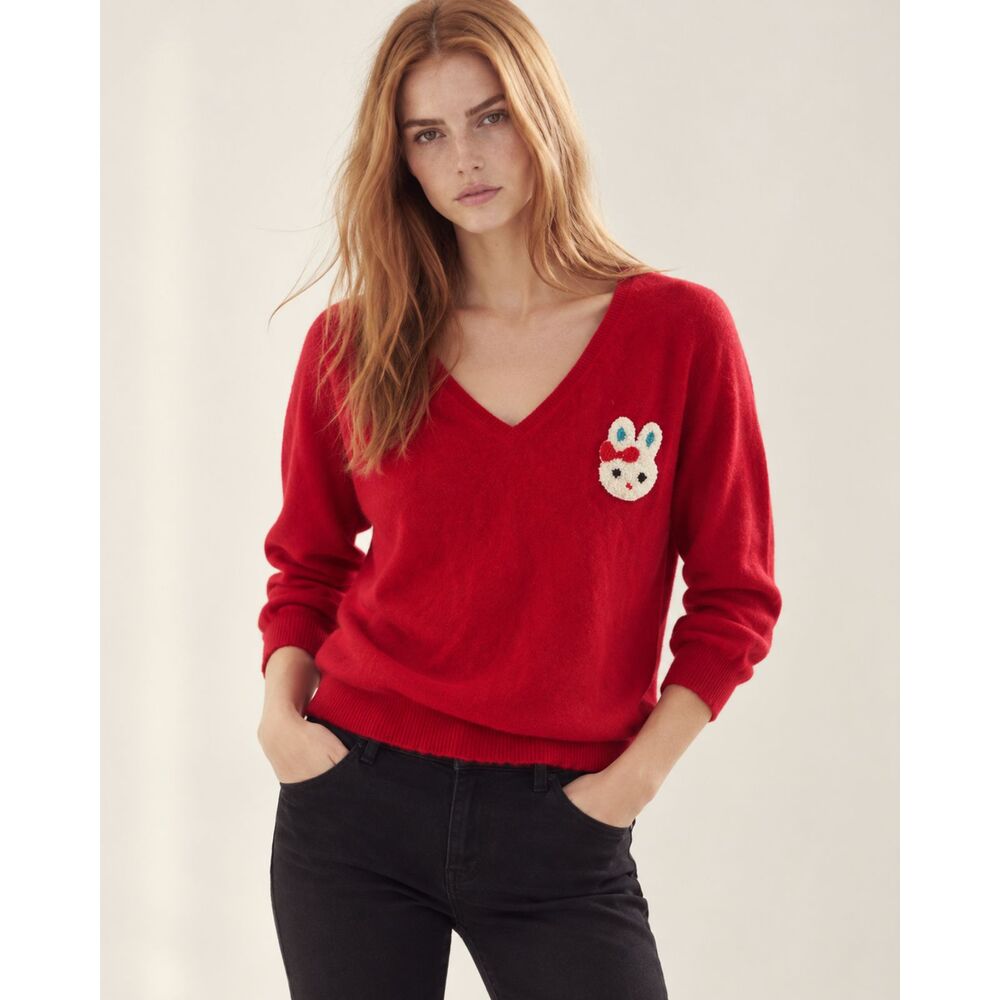 Lord & Taylor 100% Two-Ply Cashmere V-Neck Sweater Woman 1X Red Bunny Applique